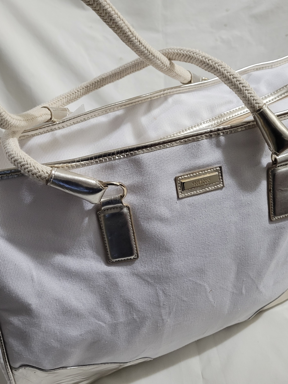 Varsace Parfume White  Canvas Tote Bag with Silver Trim